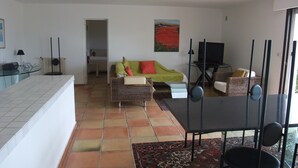 Un salon comprenant un canapé, une table à manger avec des chaises, un téléviseur et un tapis à motifs.