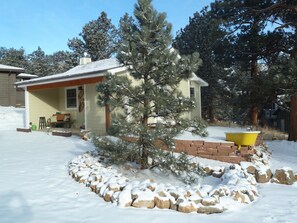 A single-story house with a snow-covered yard, a small tree in the center, and a yellow wheelbarrow.