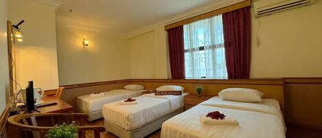 Habitación de hotel con dos camas individuales, un escritorio con silla, una mesita con una planta y una ventana con cortinas.