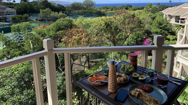 Ein Balkon mit gedecktem Tisch für das Frühstück, mit Blick auf einen üppigen Garten und den Ozean.