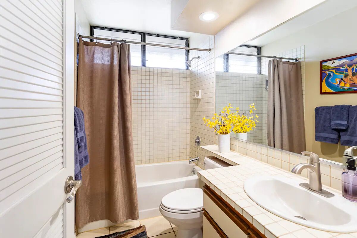 Combined shower/tub, hair dryer, towels, soap