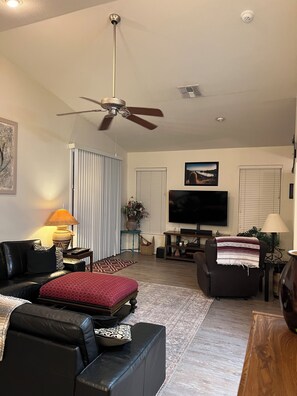 Smart TV, DVD player, books, video library