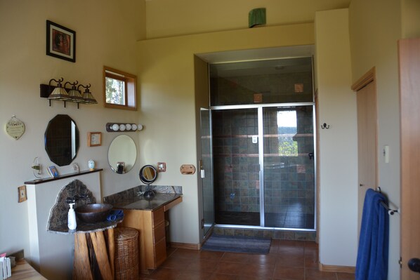 A bathroom with a sink, mirror, and shower.