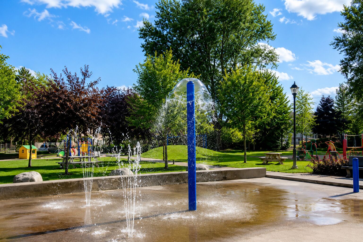 A public park with a water fountain, playground equipment, and trees.