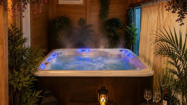 A hot tub with steam, surrounded by wooden walls, potted plants, and a table with a bottle and glasses.