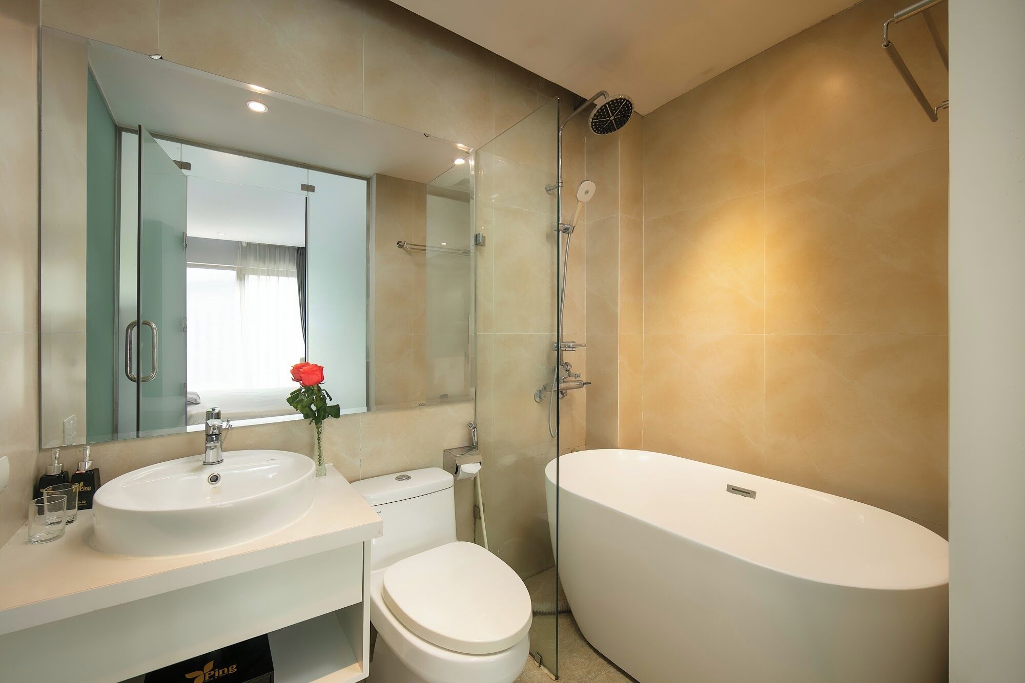 shower, free toiletries, hair dryer, bathrobes