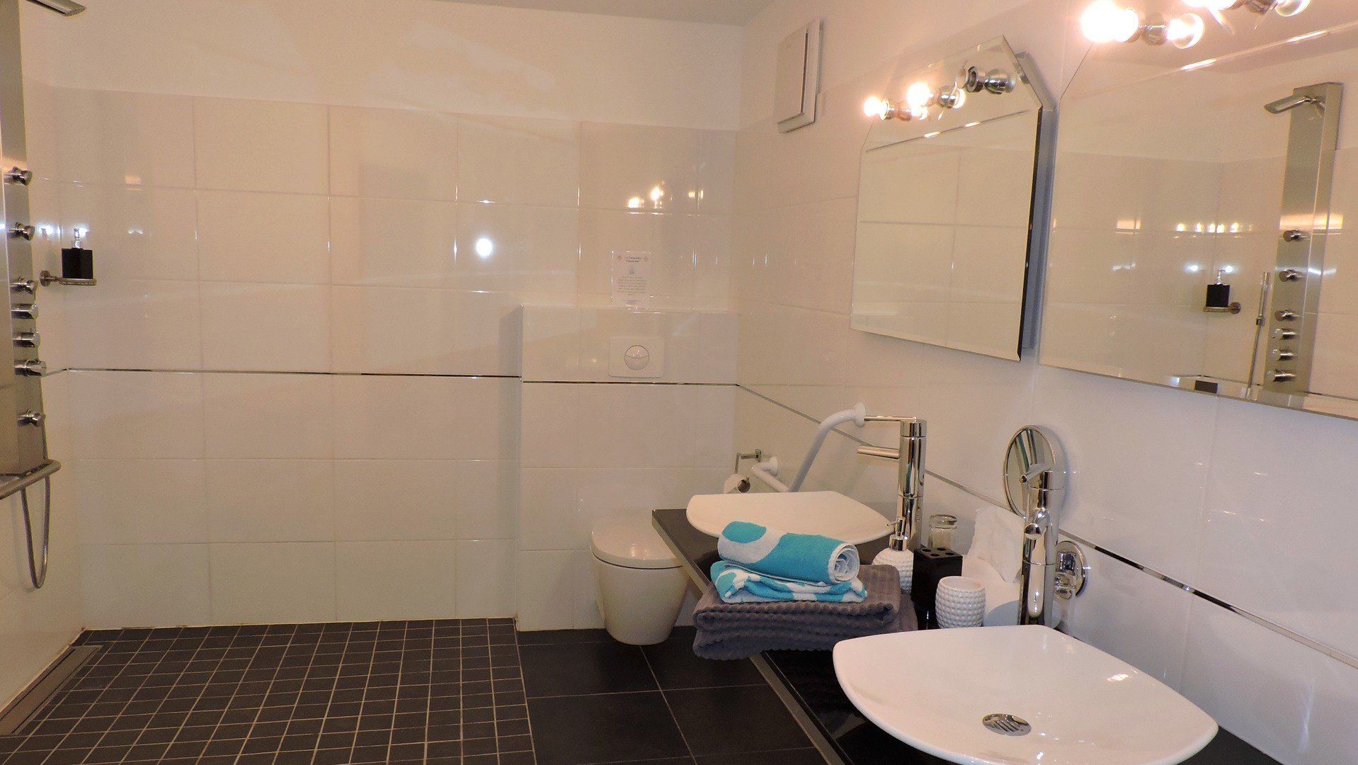 Une salle de bain moderne équipée d’une douche, de toilettes et d’un lavabo.