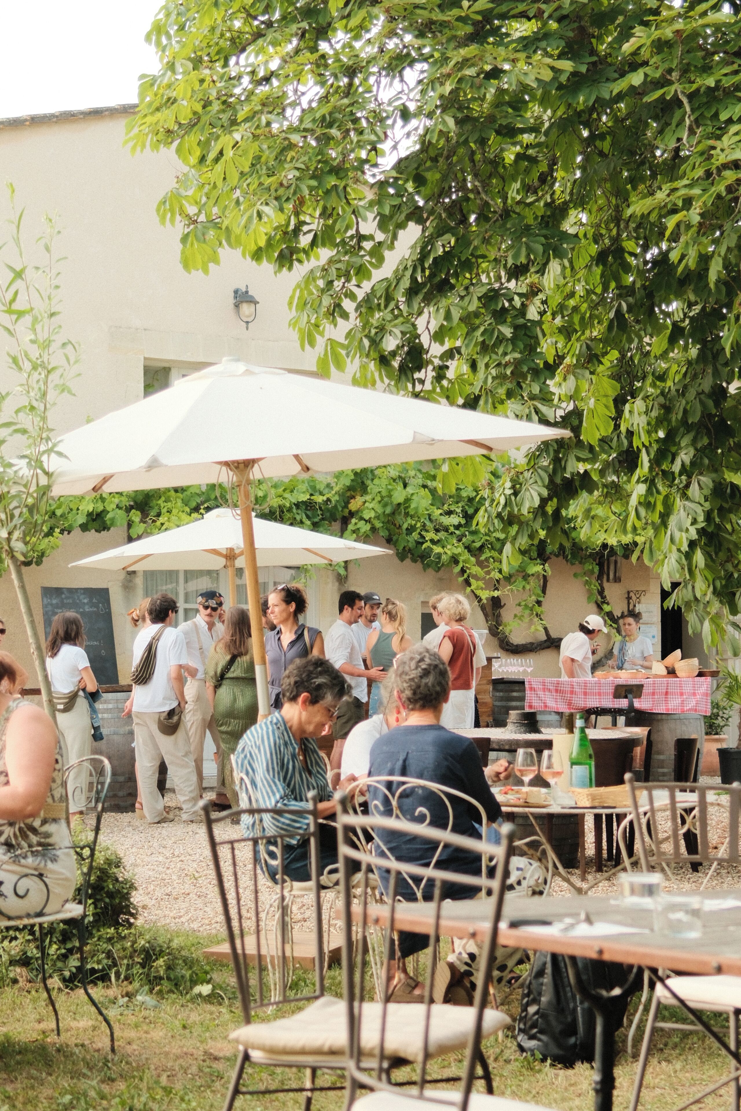 Un área de comedor al aire libre con mesas y sillas, rodeada de vegetación y un edificio al fondo.