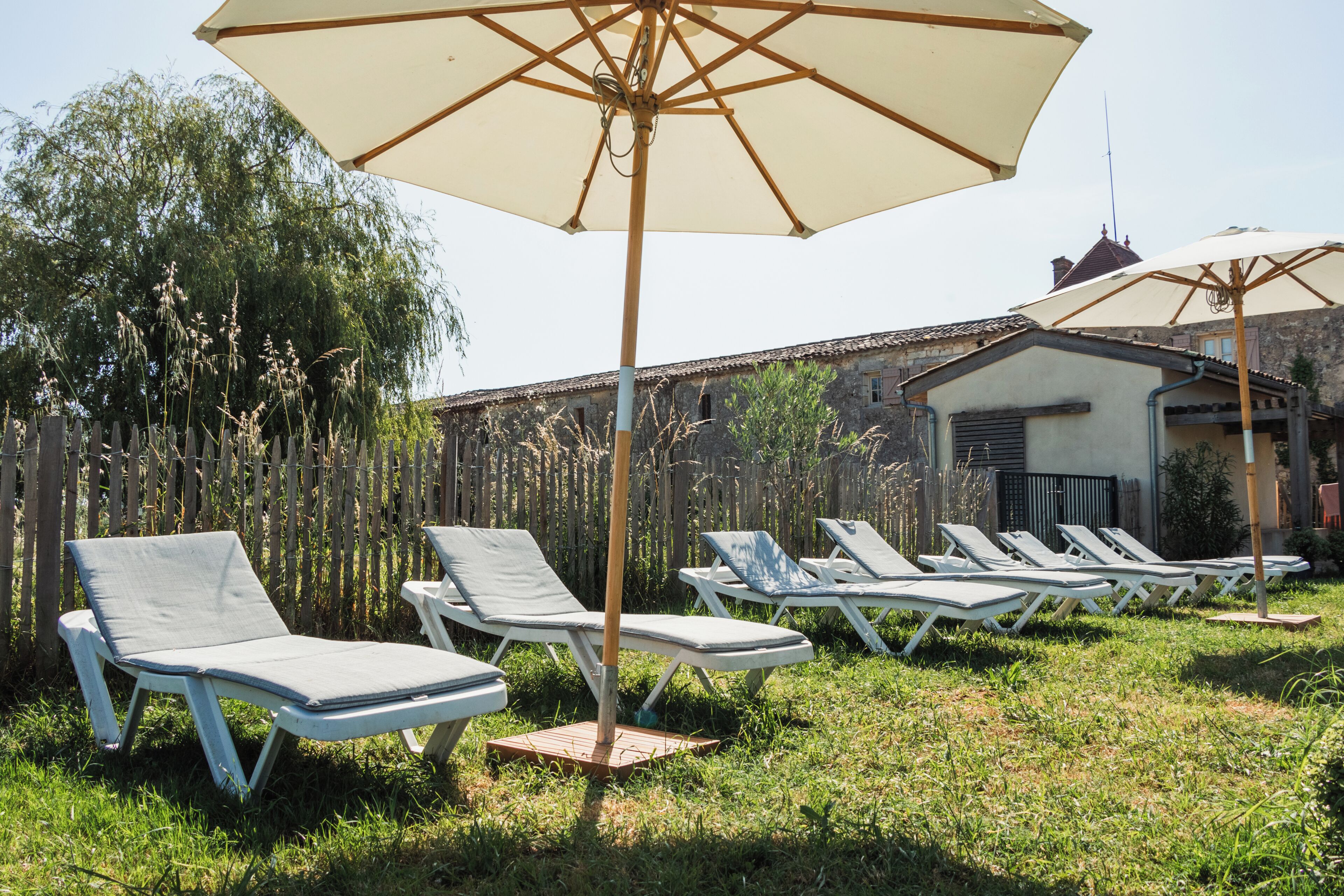 A row of white lounge chairs with grey cushions, arranged on a grassy lawn with a large beige umbrella overhead.