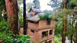 Un edificio rustico in mattoni con tetto spiovente, circondato da una fitta foresta.