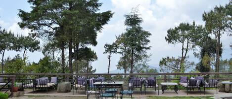 Un patio al aire libre con arreglos de asientos y una mesa central, rodeado de árboles y un sendero de piedra.