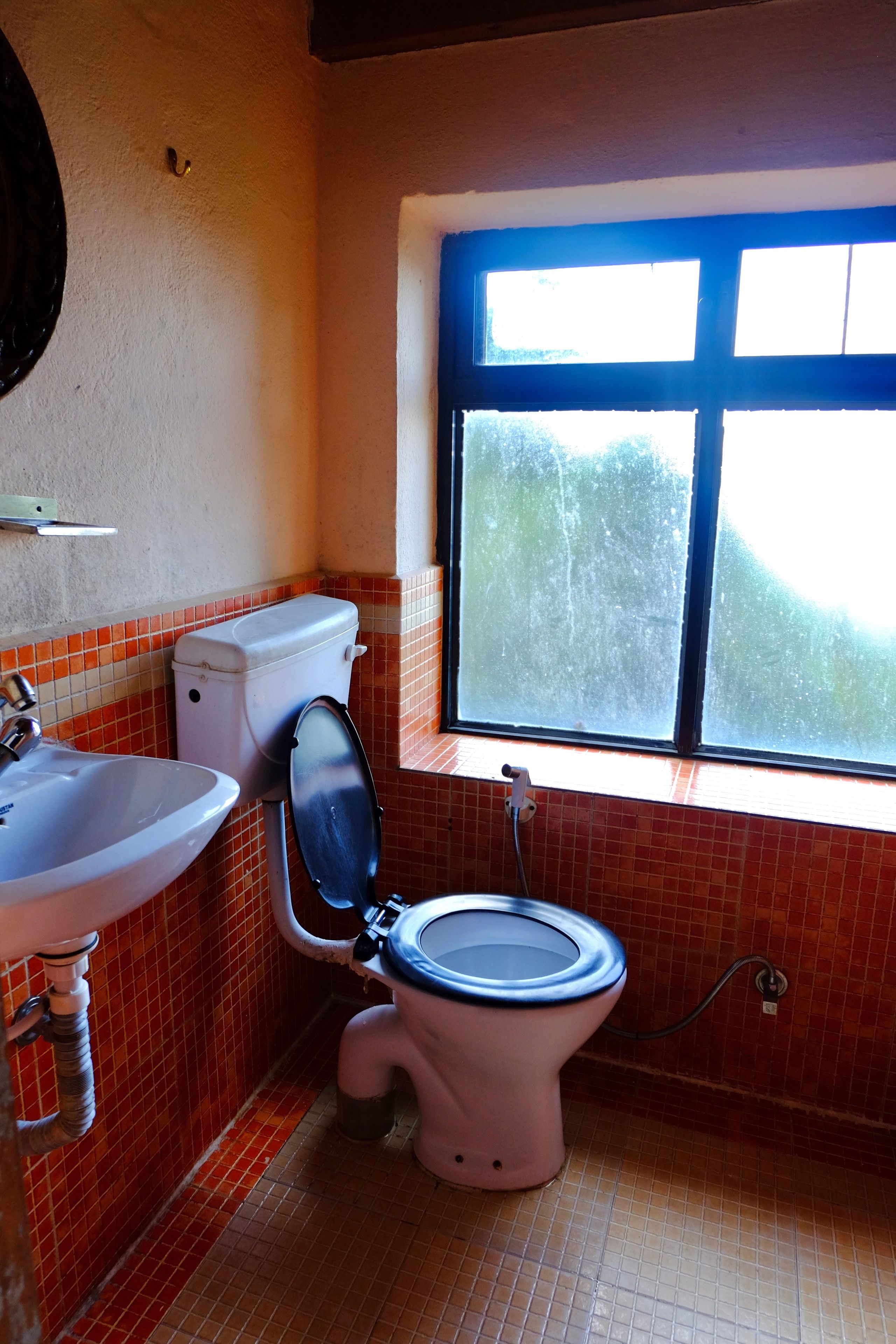 A bathroom with a toilet, sink, and window.