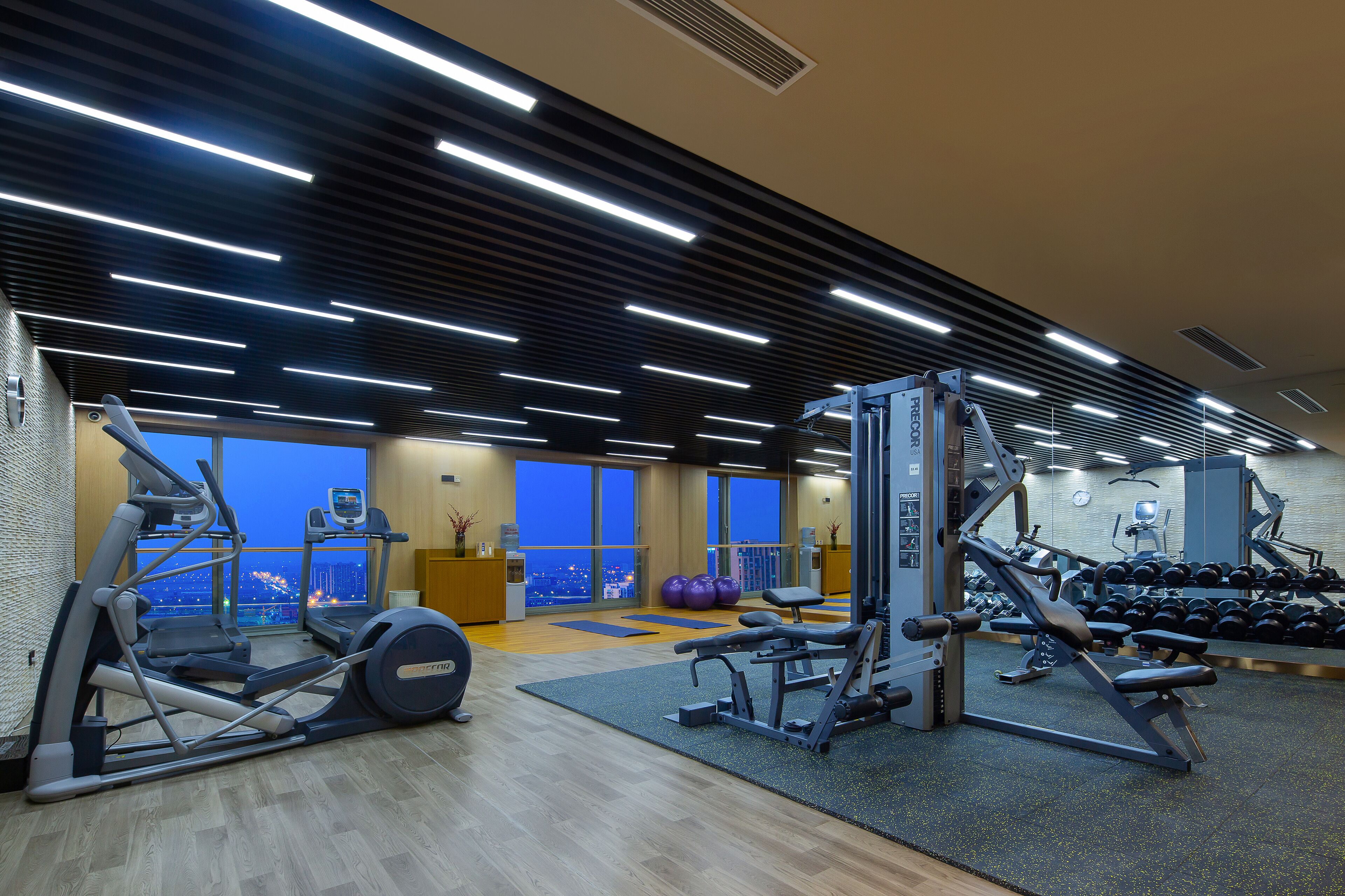 A gym with cardio machines, free weights, and a view of the city at dusk.