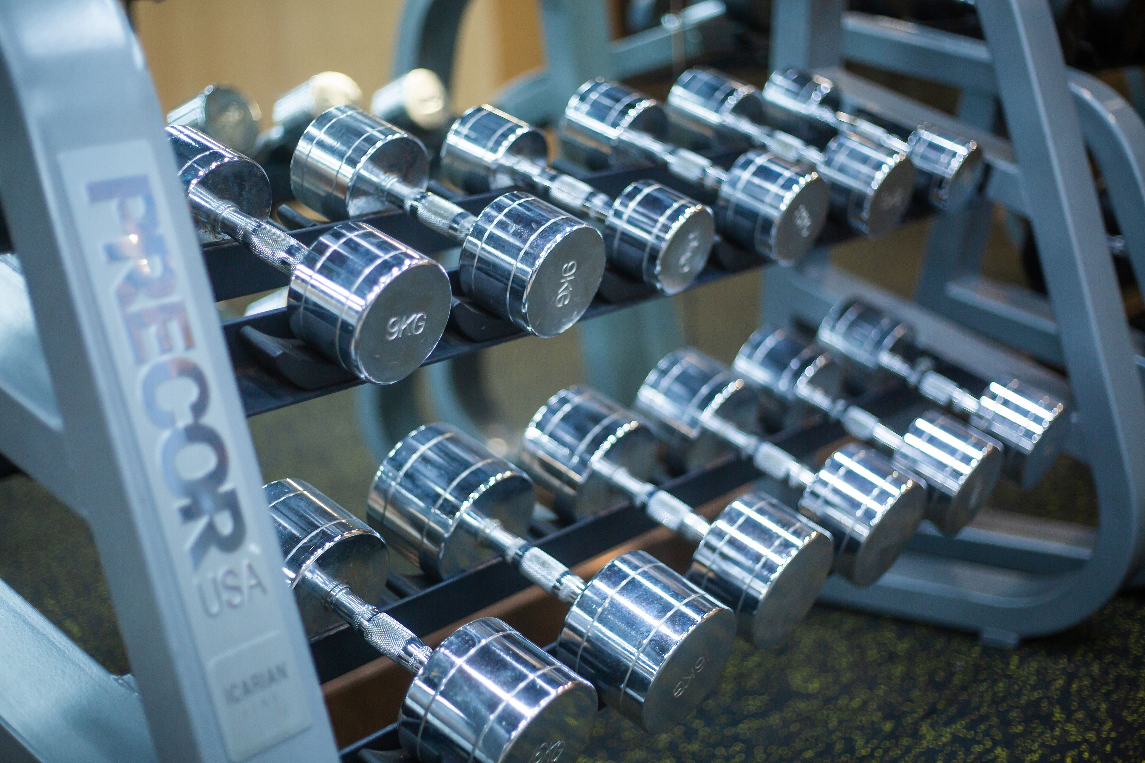 A rack of dumbbells with weight markings, labeled "RECOR USA" and "CARIAN."