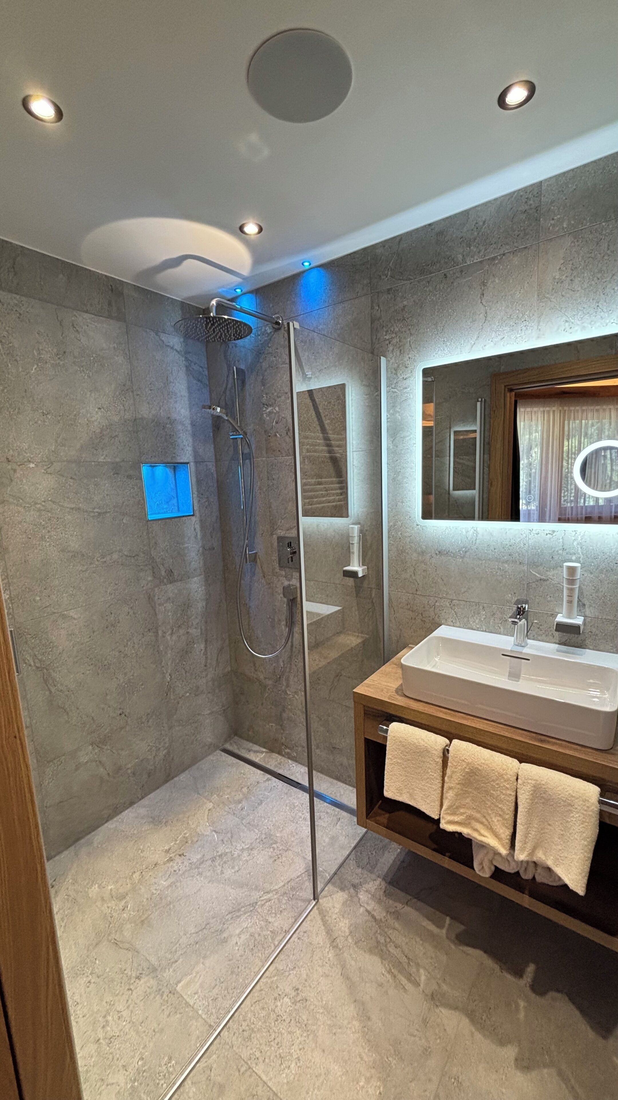 A modern bathroom with a glass-enclosed shower, a wooden vanity, and a large mirror.