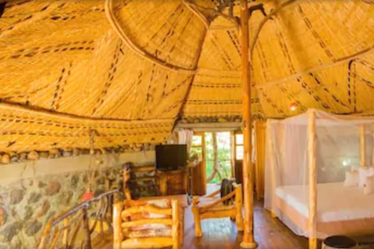 A room with a thatched roof, a bed with a mosquito net, and a stone wall.