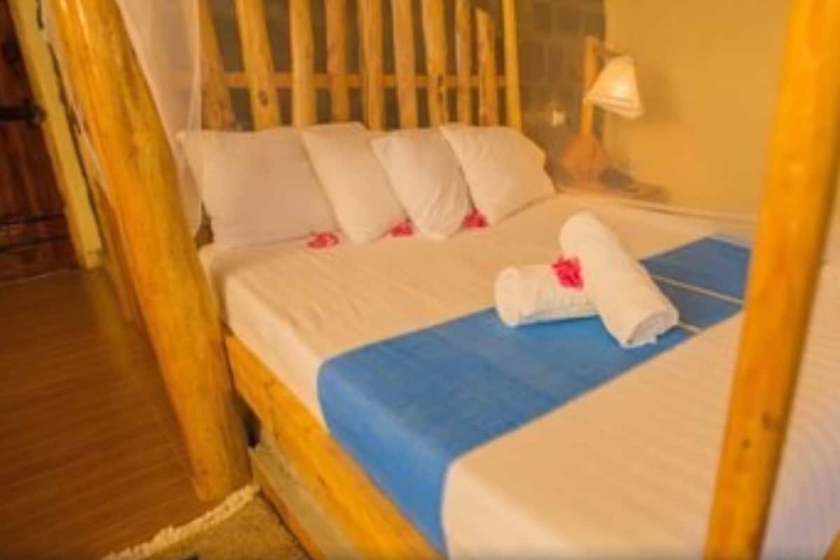 A bed with white linens, a blue blanket, and pink rose petals.