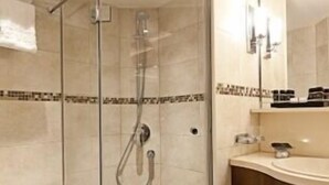 A glass-enclosed shower stall with a handheld showerhead, a toilet, and a vanity with a mirror. - Crossgates Hotelship AltstadtNord - Köln (Cologne)