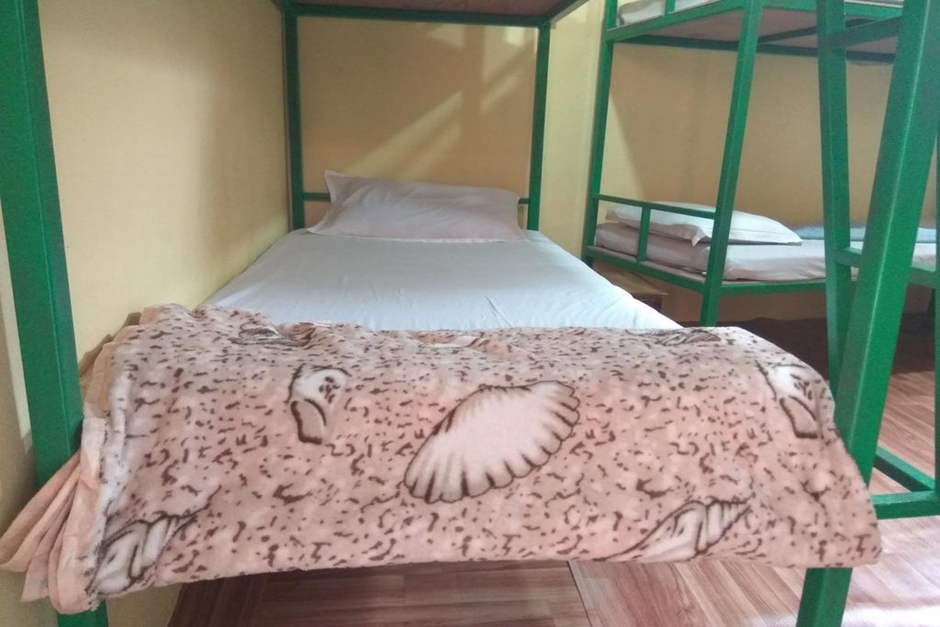 A bunk bed with a patterned blanket and a plain pillow.