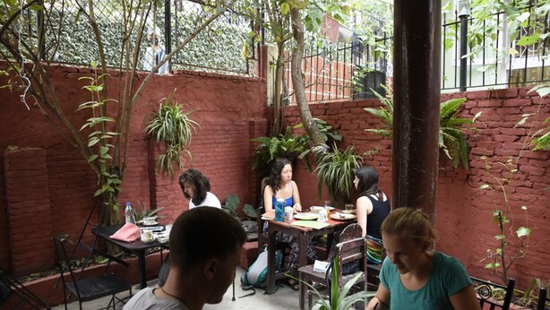 Un espace extérieur aménagé pour les repas, avec des murs en briques, des plantes en pot et des tables.
