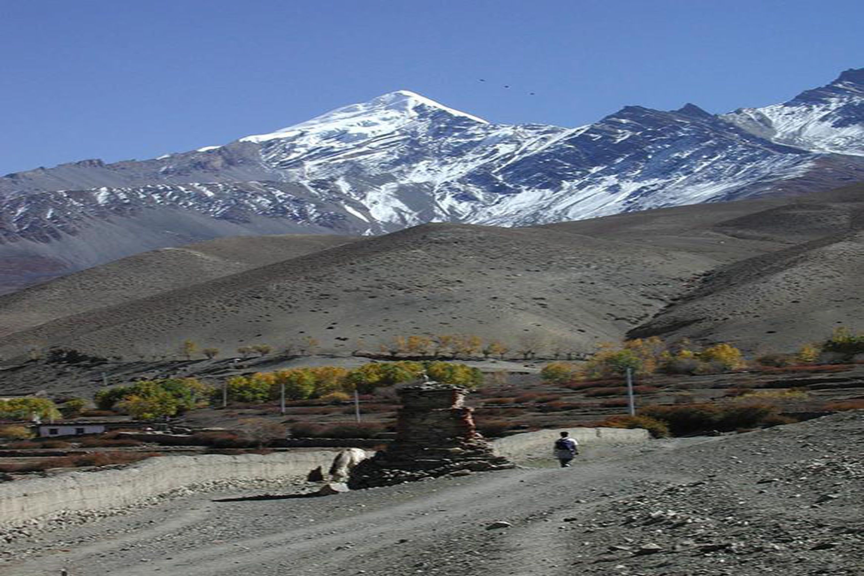 Paisagem montanhosa com pico nevado, trilha pedregosa e uma figura solitária caminhando para longe da câmera.