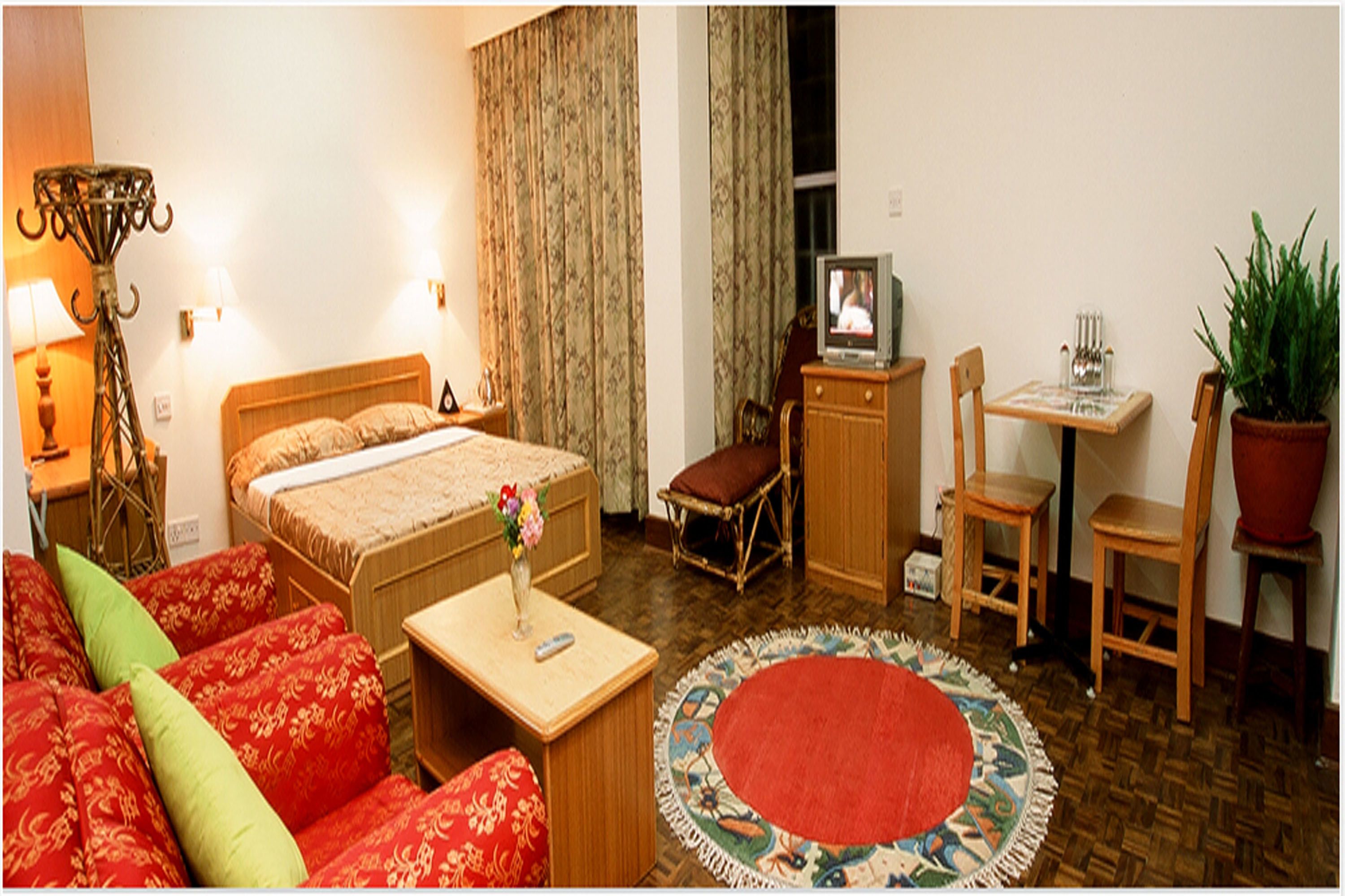 Habitación de hotel con cama, escritorio, televisor, silla, mesita pequeña, planta en maceta y alfombra decorativa.