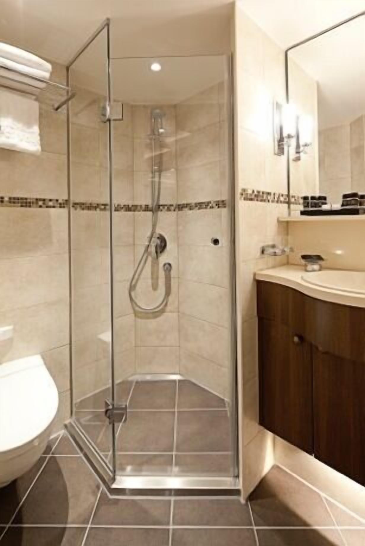 Une cabine de douche fermée par des parois en verre, dotée d’un pommeau de douche à main, de toilettes et d’un meuble-lavabo avec un miroir.