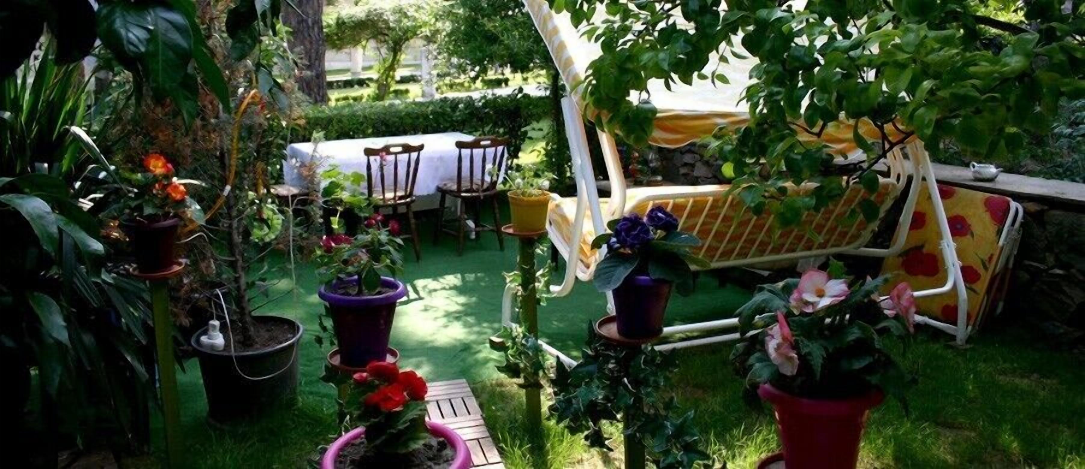 Un patio jardín con una mesa y sillas, rodeado de plantas en macetas y una hamaca.