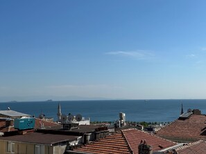 A coastal cityscape with terracotta rooftops, satellite dishes, and a clear view of the sea. - Olimpic Hotel (Istanbul)