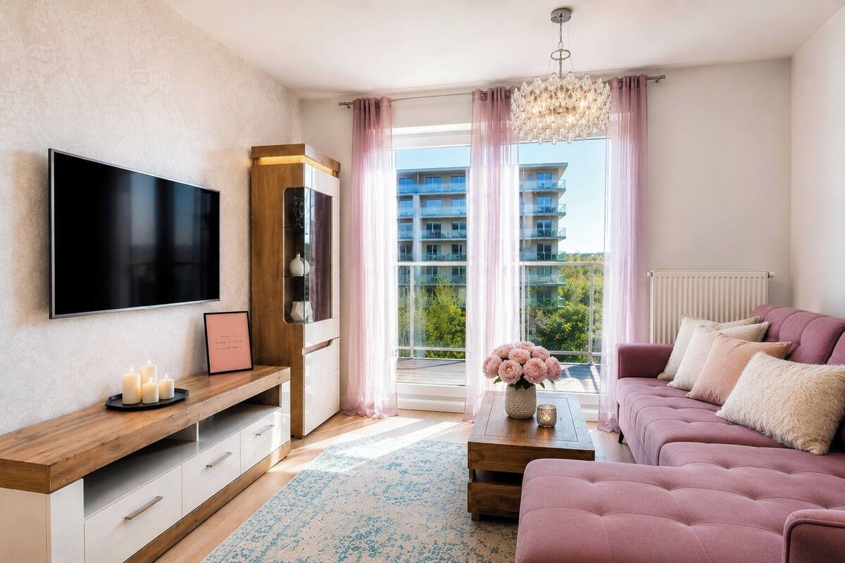 Un salon moderne doté d’un téléviseur à écran plat, de meubles en bois, d’un canapé rose et offrant une vue sur un immeuble grâce à de grandes fenêtres.