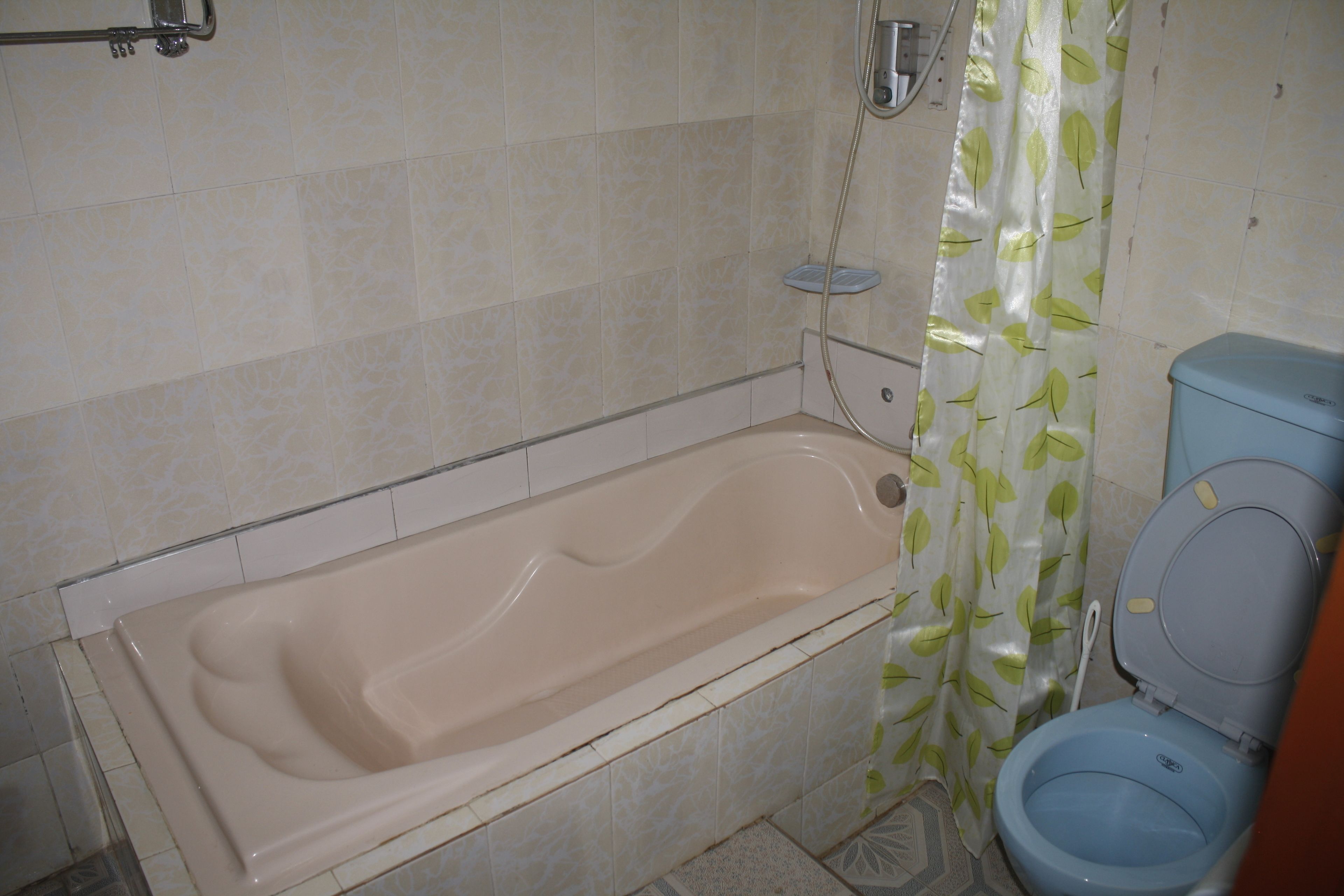 A bathroom with a bathtub, toilet, and shower.