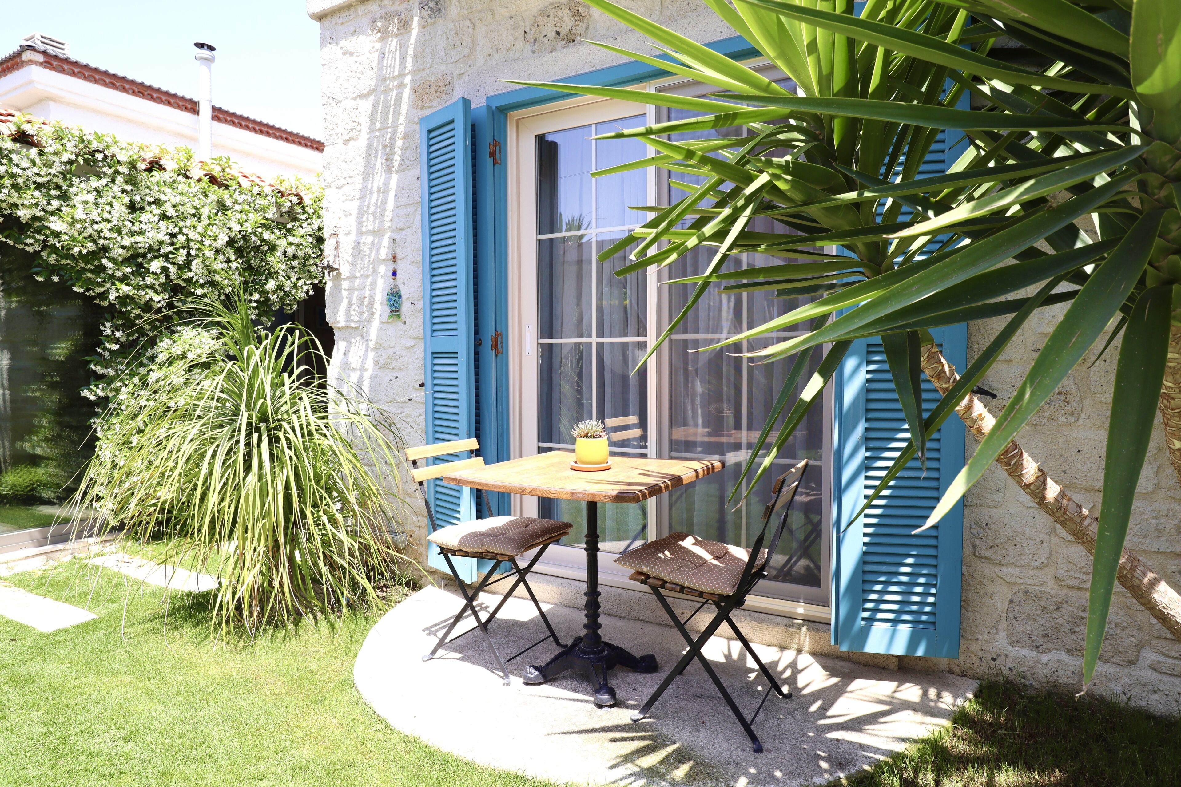 A small patio with a round table and two chairs, a potted plant, and a window with blue shutters.