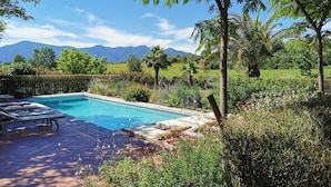 A swimming pool with lounge chairs, surrounded by lush greenery and mountains in the background. - Clos des Aspres (Ortaffa)