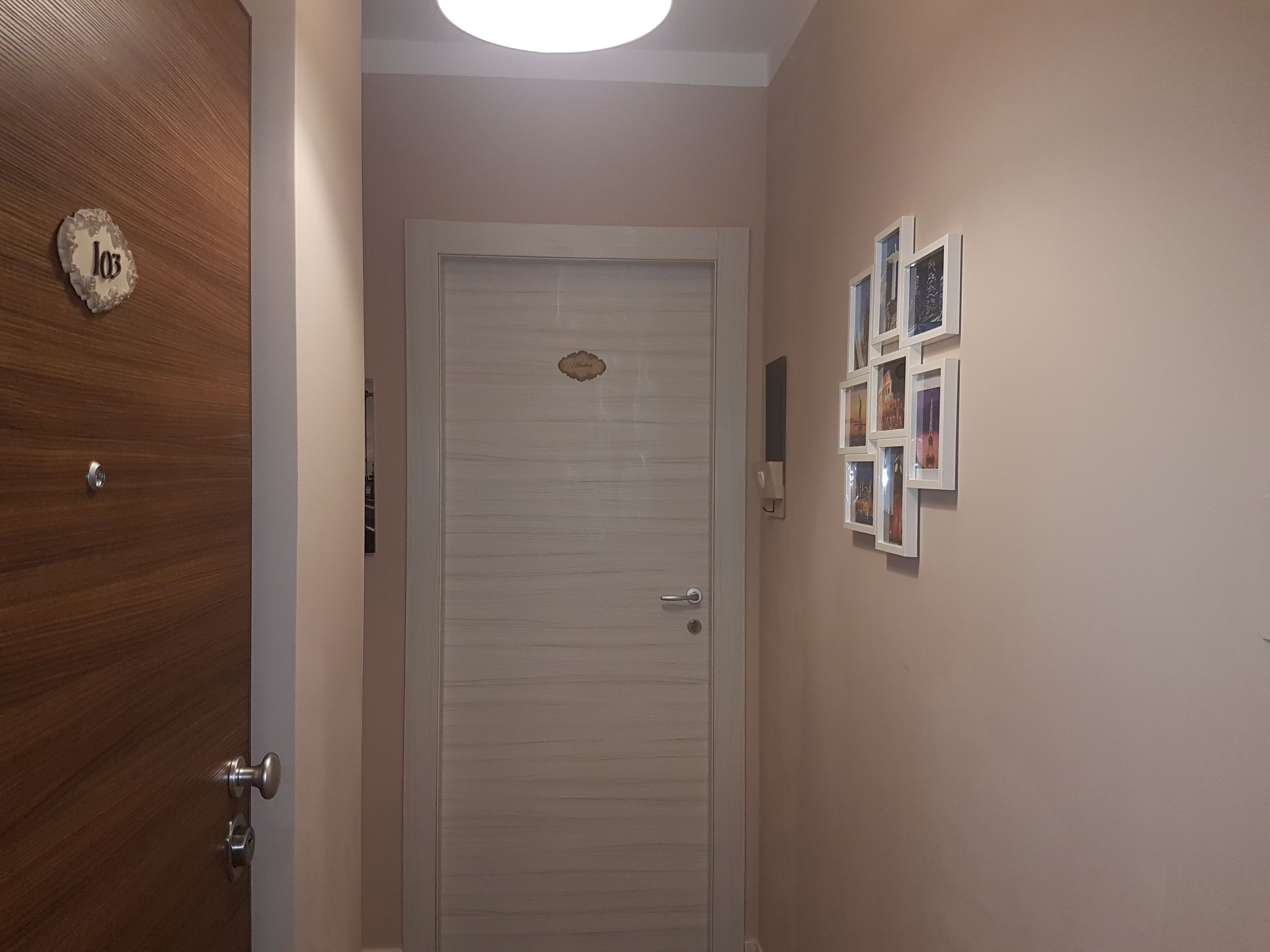 A hallway with a wooden door, a white door with a nameplate, and a wall with framed pictures.
