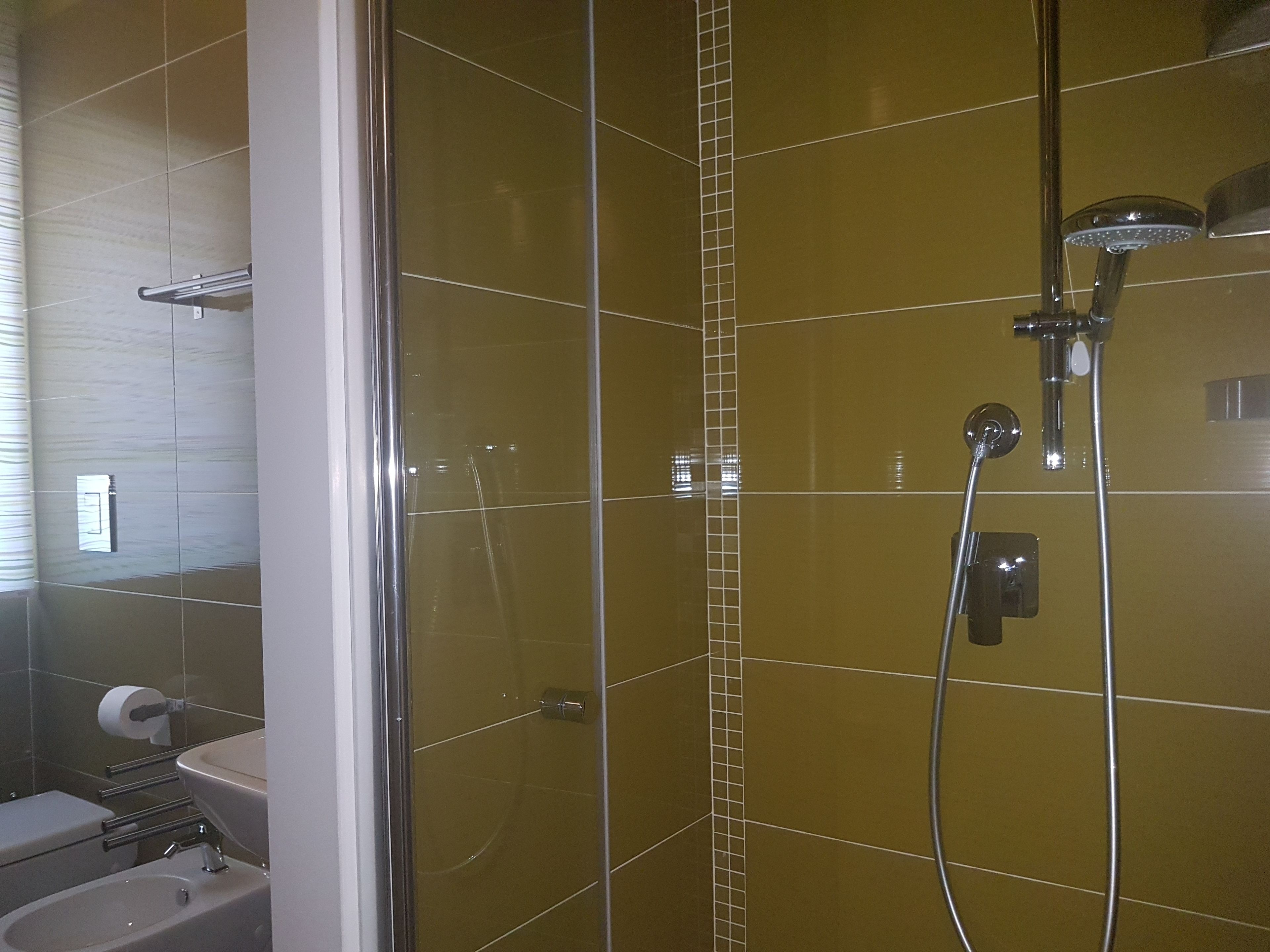 A bathroom with a glass shower enclosure, a toilet, and a sink.
