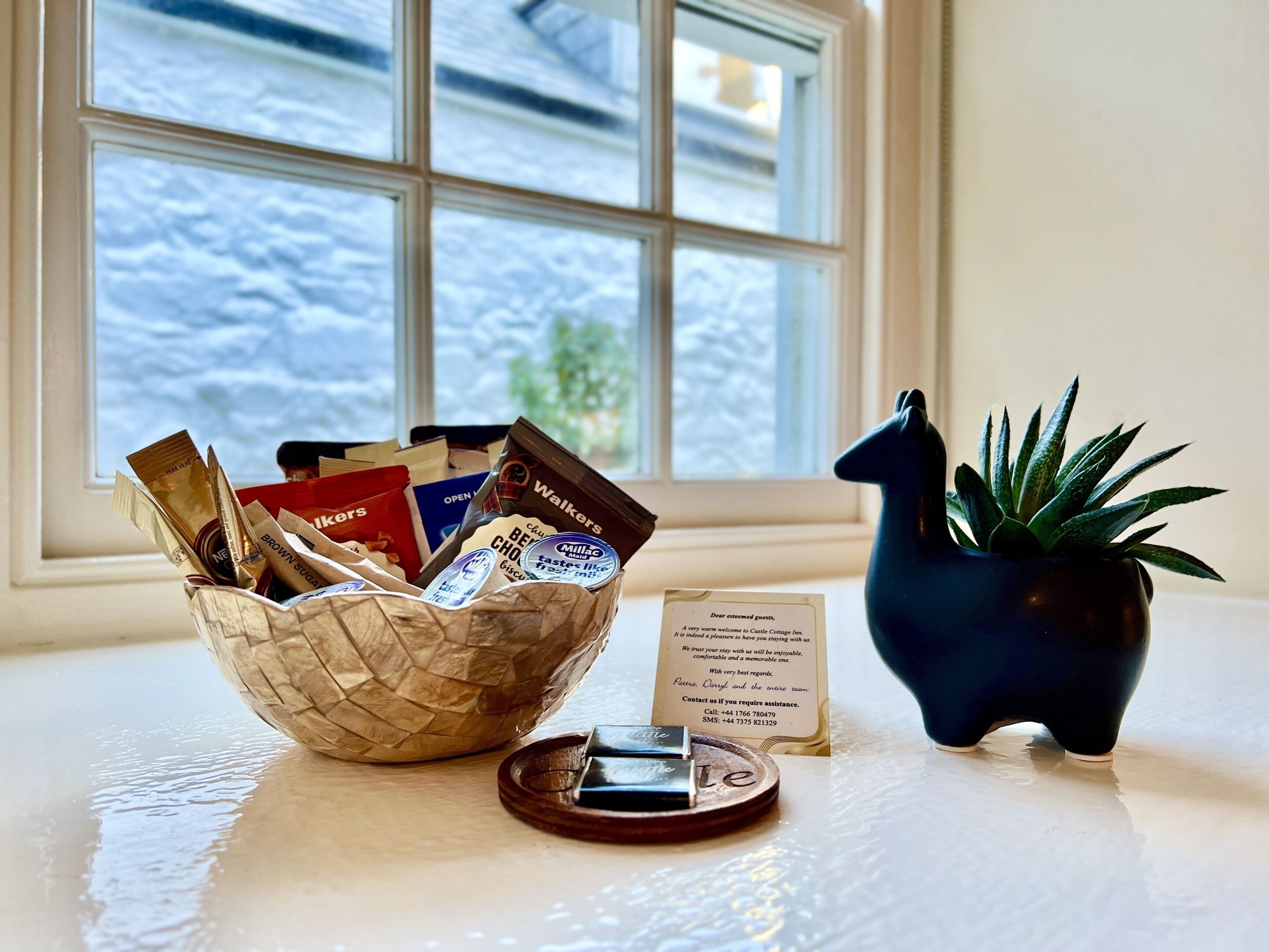 A window with a view of snow-covered ground, a wicker basket with various items, a small potted plant, and a welcome card on a table.