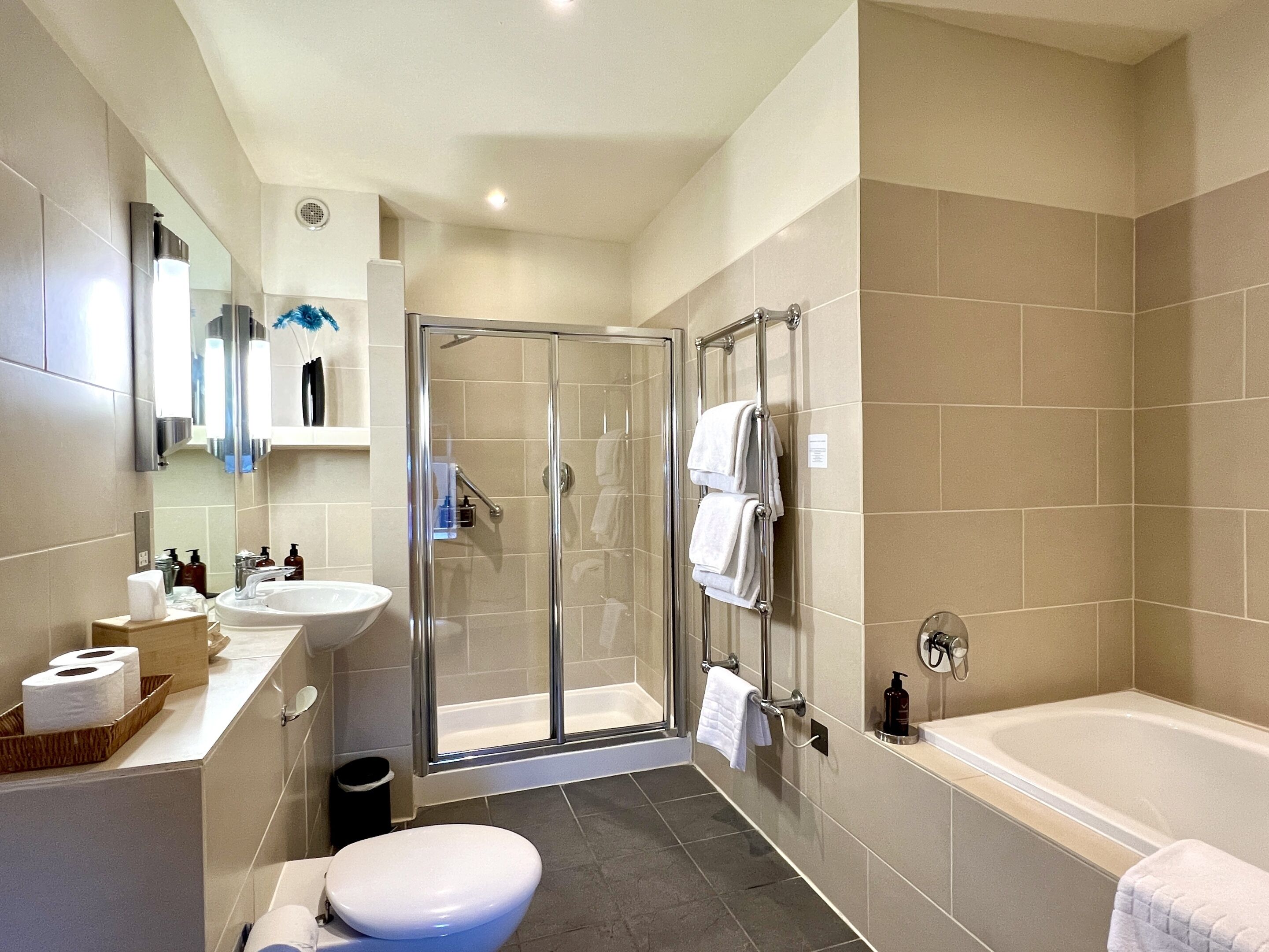 A modern bathroom with a glass-enclosed shower, a bathtub, and a toilet.