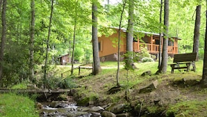 A rustic cabin surrounded by a forest with a small stream flowing through. - Panther Creek Cabins (Cherokee)
