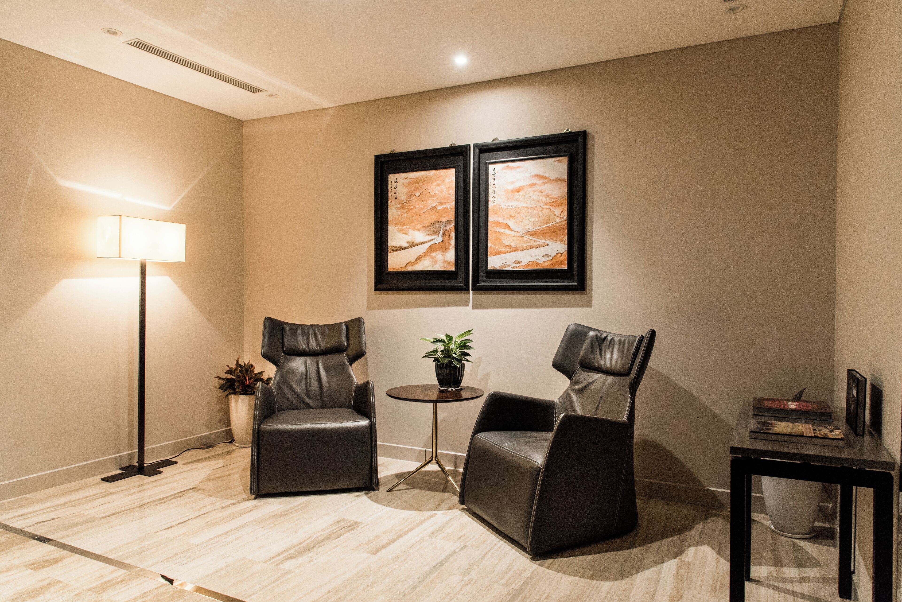 A room with two leather chairs, a small round table with a potted plant, a floor lamp, and two framed pictures on the wall.