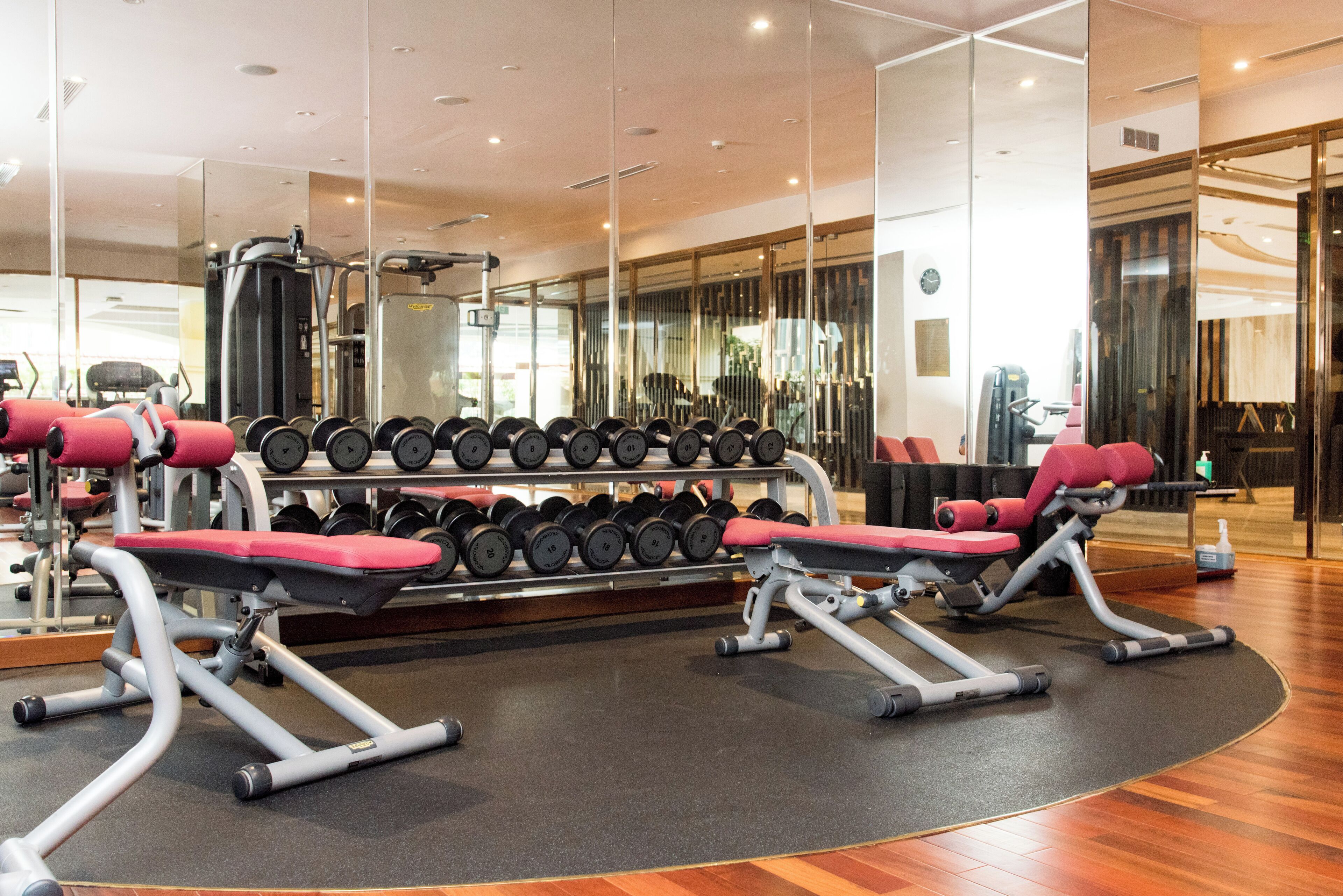 Un gimnasio con equipamiento de levantamiento de pesas, un muro de espejos y suelo de madera.