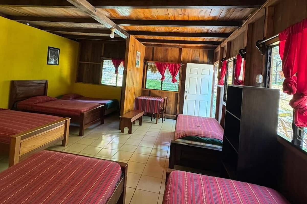 Una habitación con techos de madera, varias camas con ropa de cama roja, una mesita y un televisor.