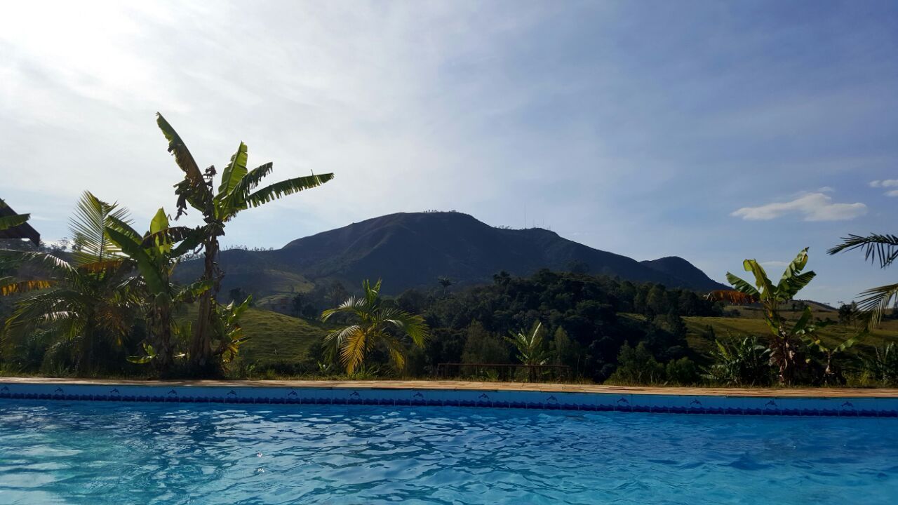 A swimming pool with a view of a mountain and palm trees.