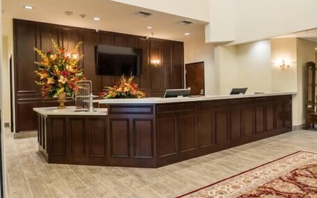 A reception area with a dark wood reception desk, a flat-screen TV, and two flower arrangements.