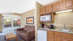 Habitación de hotel compacta con kitchenette, un refrigerador pequeño, un microondas, un lavamanos y un sofá.