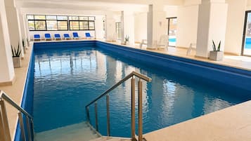 Indoor pool, outdoor pool, sun loungers