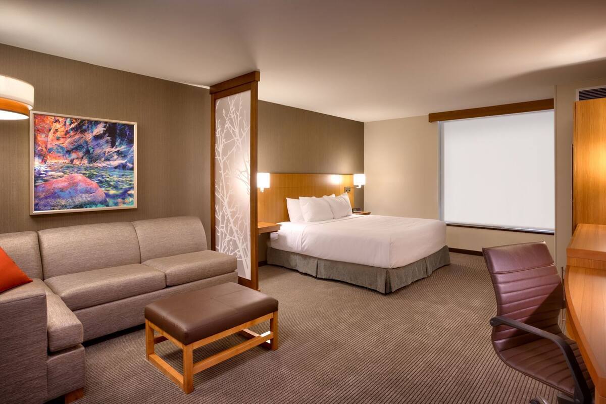 A hotel room with a bed, a sofa, a desk, and a chair.
