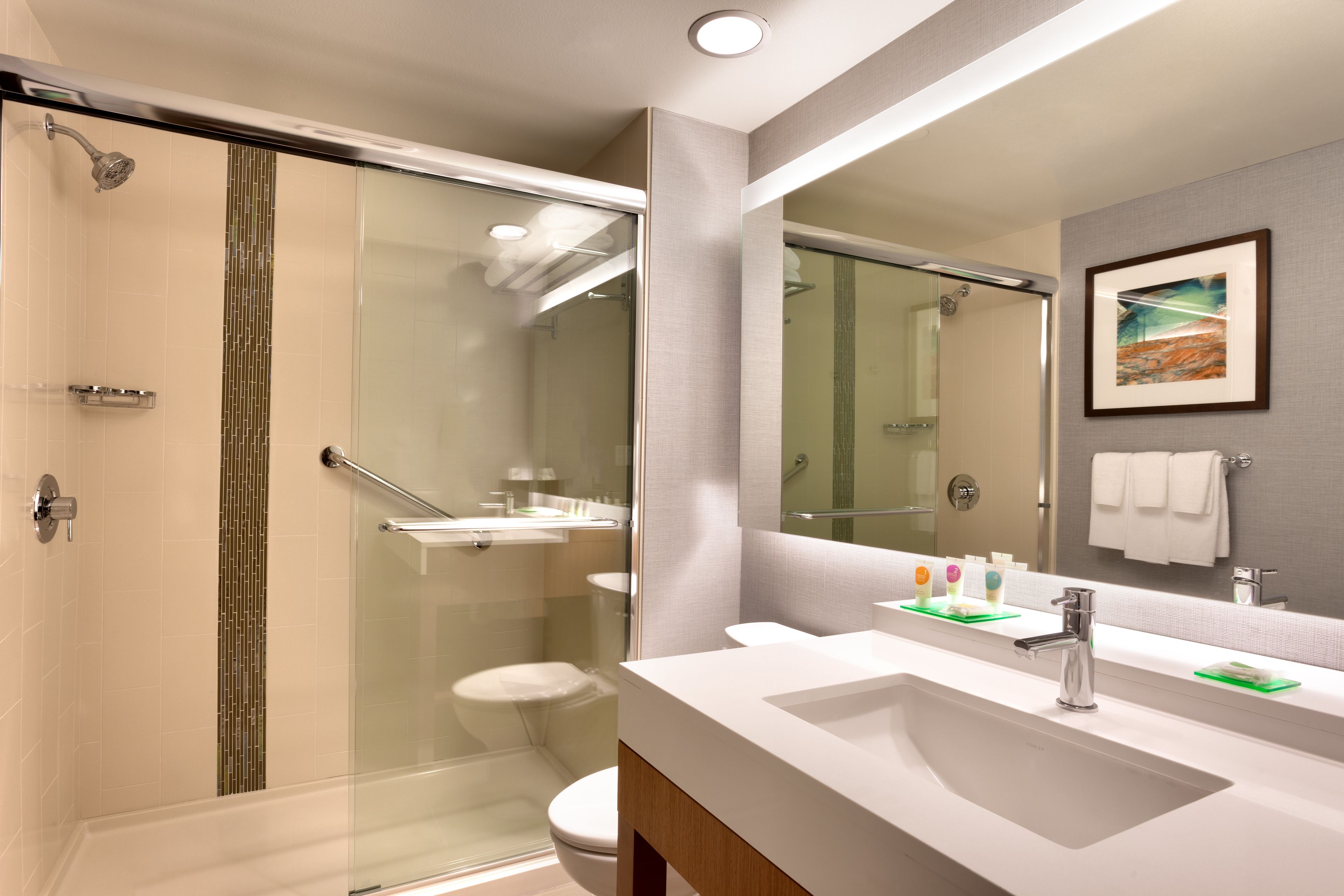 combined shower/bathtub, hair dryer, towels