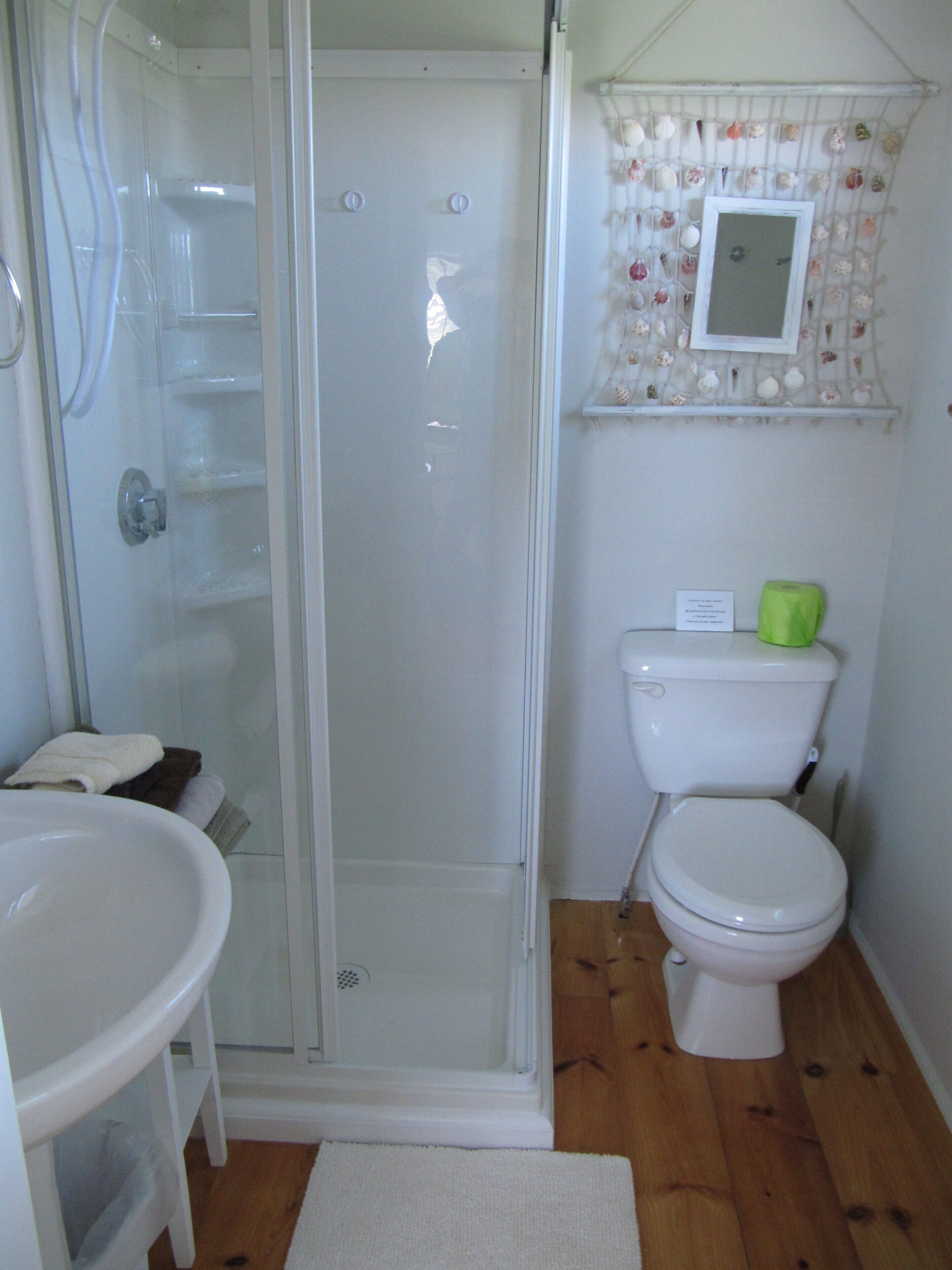 Une salle de bain avec une douche à parois de verre, un lavabo blanc et des toilettes.