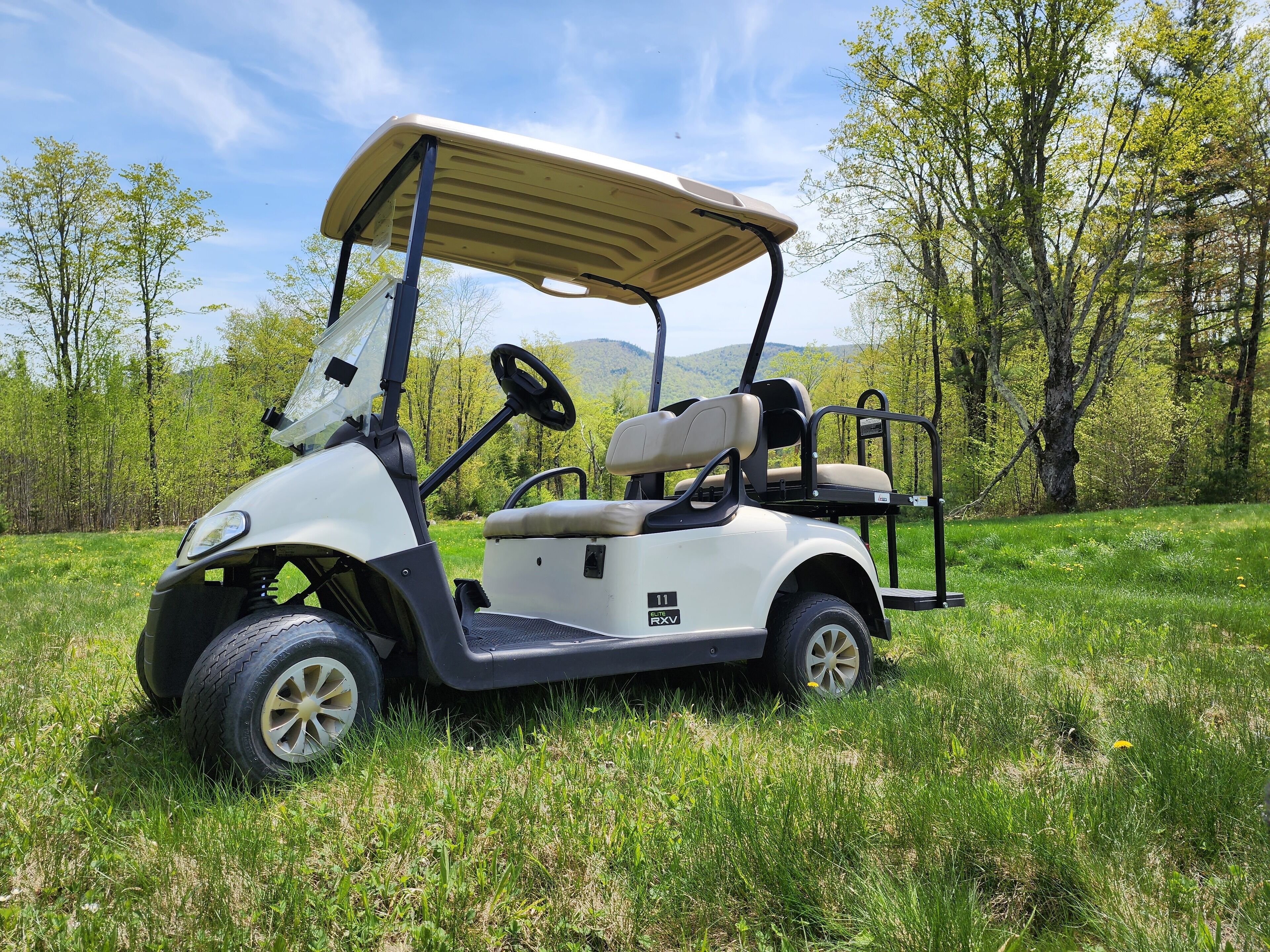 Une voiturette de golf est garée sur un terrain herbeux, avec des arbres en arrière-plan.