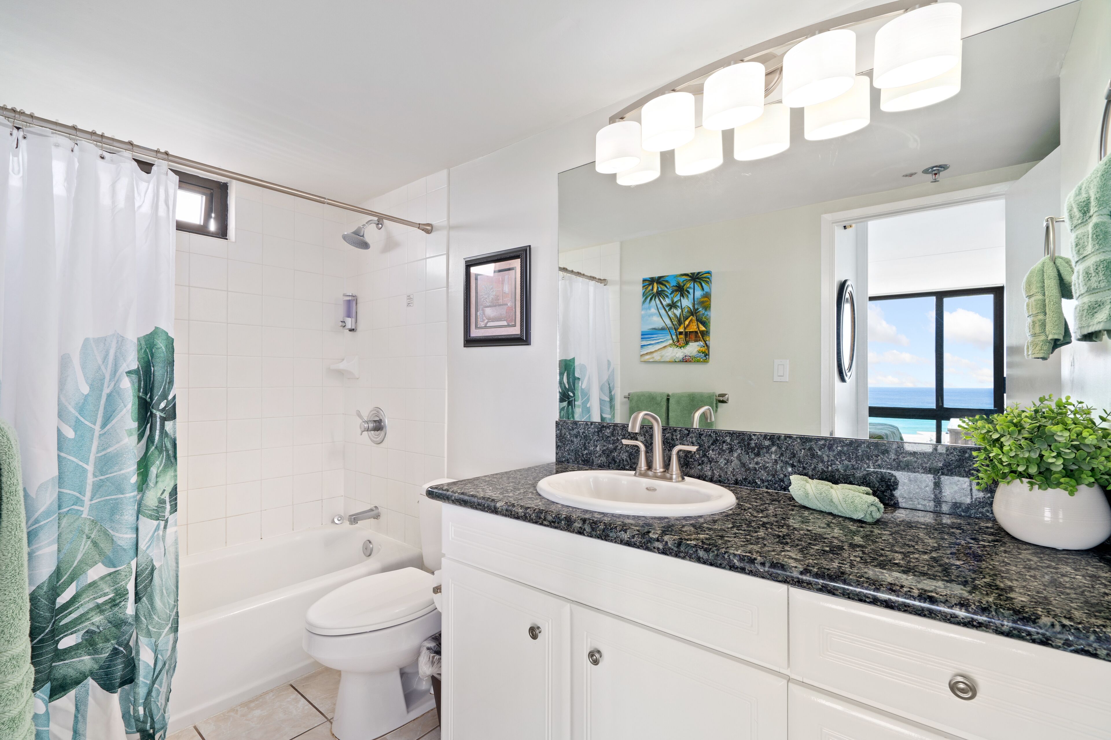 Combined shower/tub, hair dryer, towels, soap